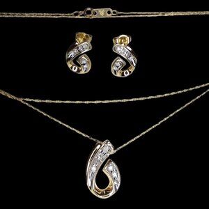 10K Solid Yellow Gold Necklace Earring Set Natural Diamonds 22in Chain